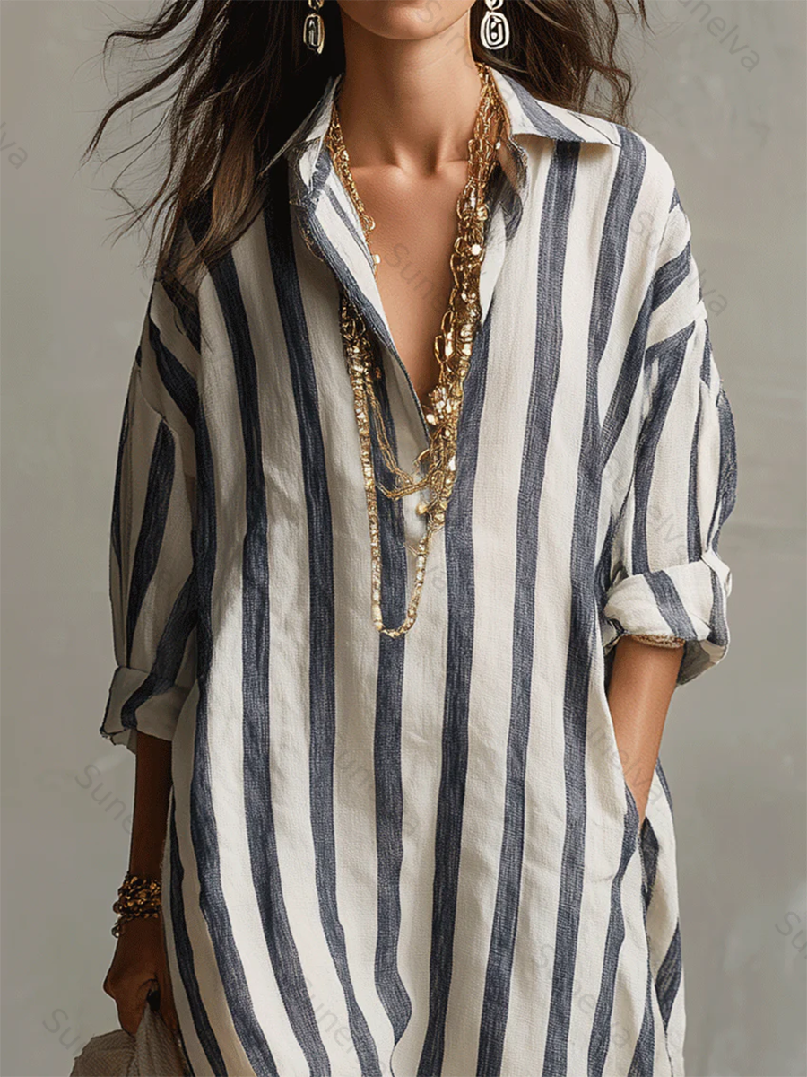 Casual And Cozy Striped Linen-cotton Dress 587b