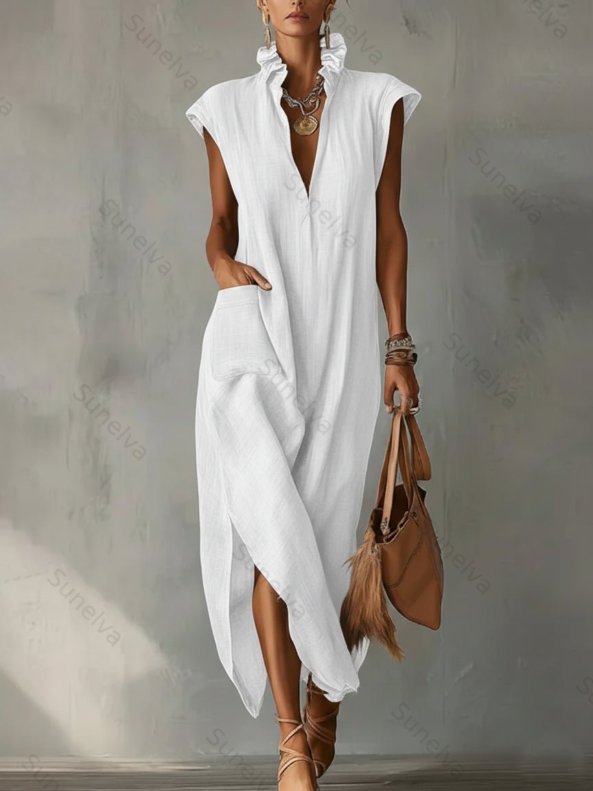 Women’s Ruffle Collar Cotton Linen Midi Dress – Elegant Summer Dress 5a17