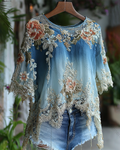 Women's Gradient Lace Patchwork Flowers Embroidery Blouse 9033