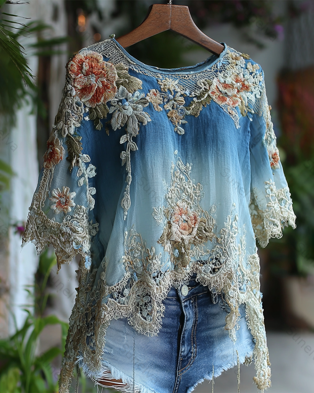 Women's Gradient Lace Patchwork Flowers Embroidery Blouse 9033