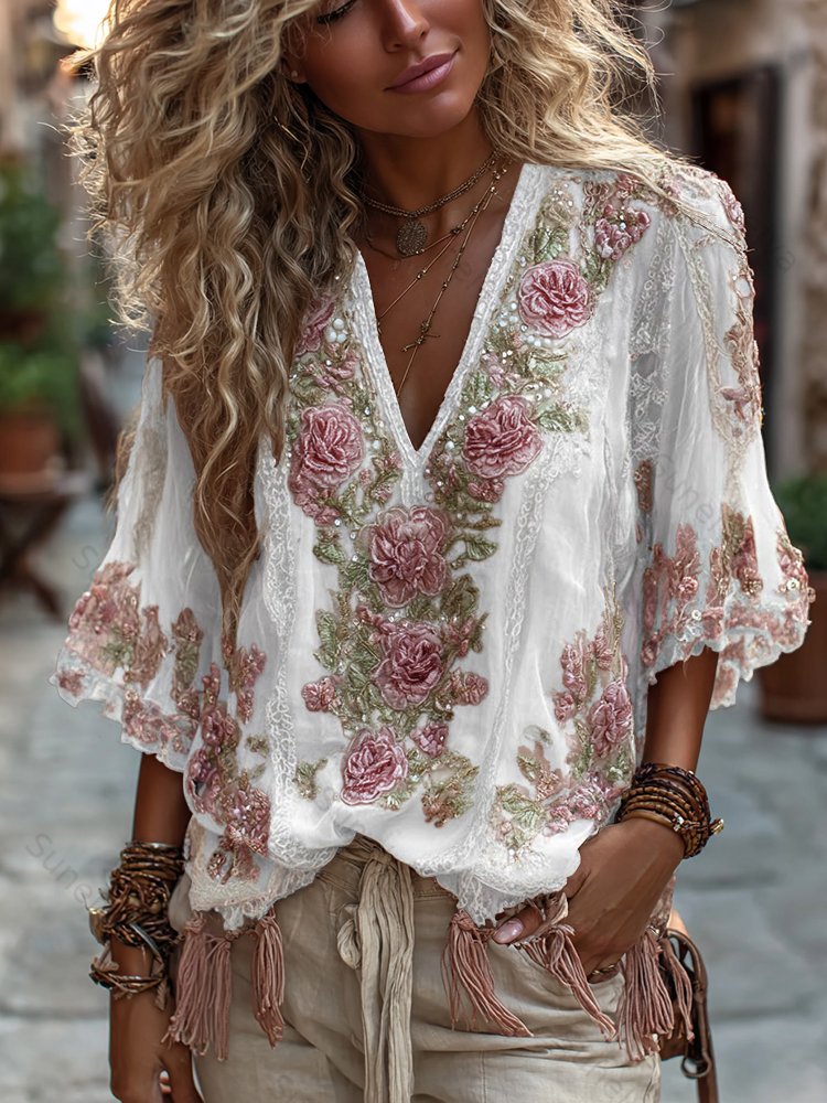 Women's Vintage Rose Embroidery Art Comfy Linen Shirts a266