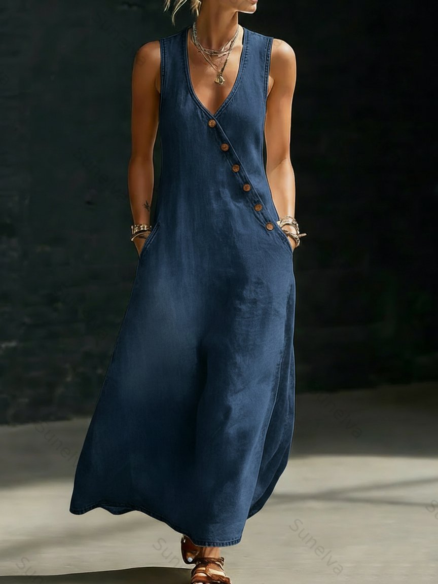 Minimalist Button-up V-neck Denim Dress 8376