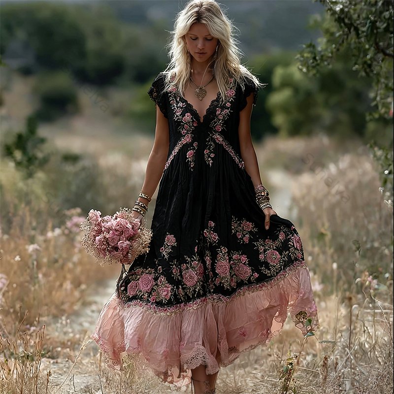 Boho Pink Floral Embroidered Lace Trim Flowy Linen Maxi Dress 1747