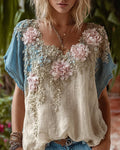 Women's Summer Fashion: Color-Blocked Floral Embroidered Linen Short-Sleeve Top 1927