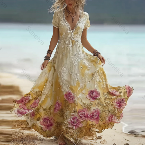 Bohemian Style Pink Rose V-neck Short-sleeved Dress 07e4