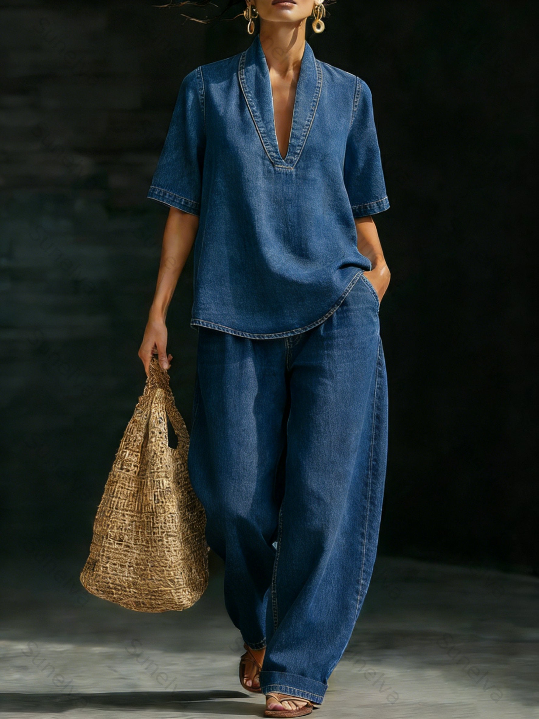 Minimalist Cozy Short-sleeved Top Wide-leg Jeans Denim Set 45ac