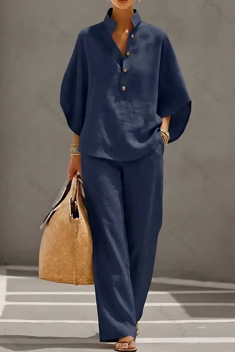 Women’s Batwing Sleeve Linen Cotton Two-Piece Set – Casual Shirt & Wide Leg Pants Outfit 2924