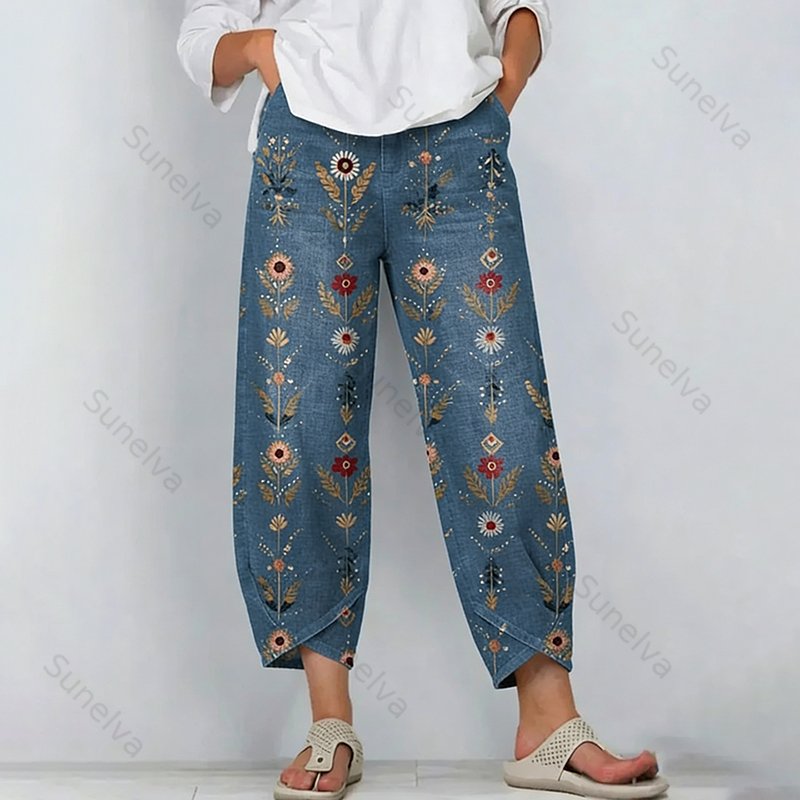 Women's Retro Bohemian Floral Pattern Casual Linen Capri Pants c4cb