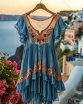 Women's Summer Flowers Embroidery Irregular Ruffle Linen Patchwork Blouse 3793