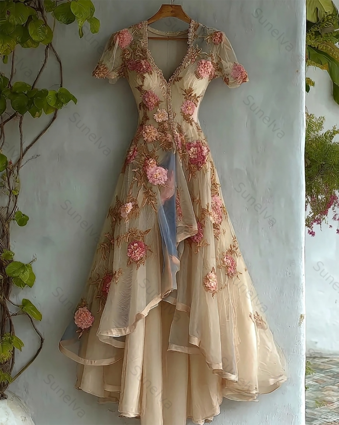 Women's Retro Elegant Gradient Flowers Irregular Ruffle Linen Dress