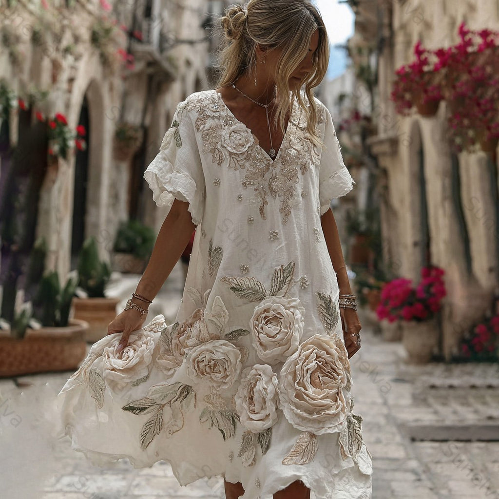 Women's Vintage Roses Art Print Flowy Linen Blend Casual Midi Dress 7c1f