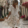 Women's Vintage Roses Art Print Flowy Linen Blend Casual Midi Dress 7c1f