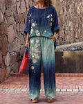 Women's Summer Resort Floral Embroidery Tie-Dye Gradient Linen Short-Sleeve Top & Pants Two-Piece Set 1356