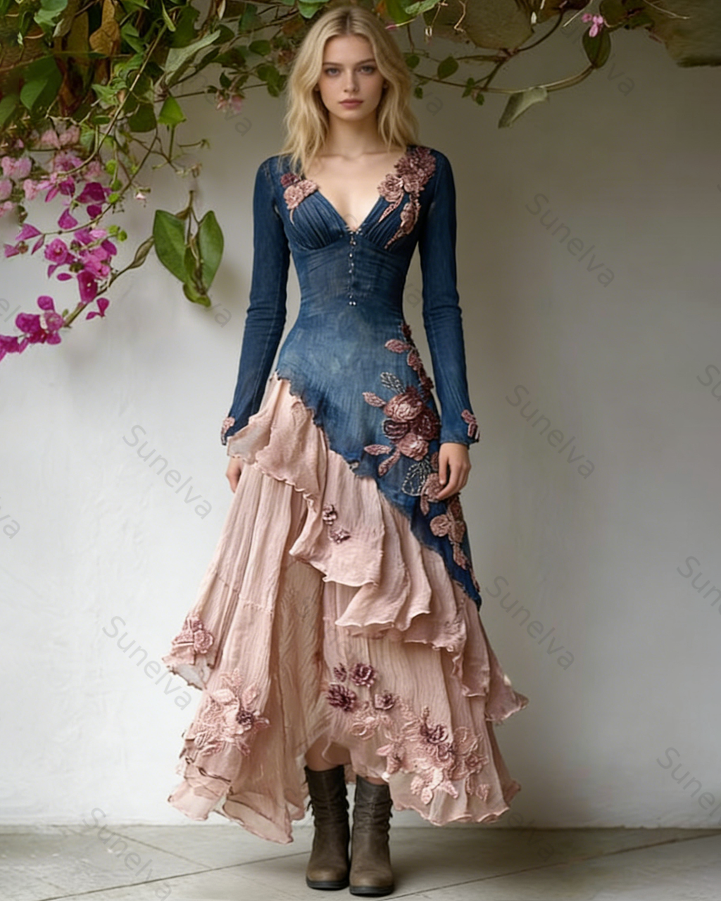 Women's Spring Elegant Flowers Irregular Ruffle Linen Dress 4547