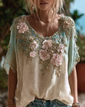Women's Summer Fashion: Gradient-Printed Floral Embroidered Linen Short-Sleeve Top 2434