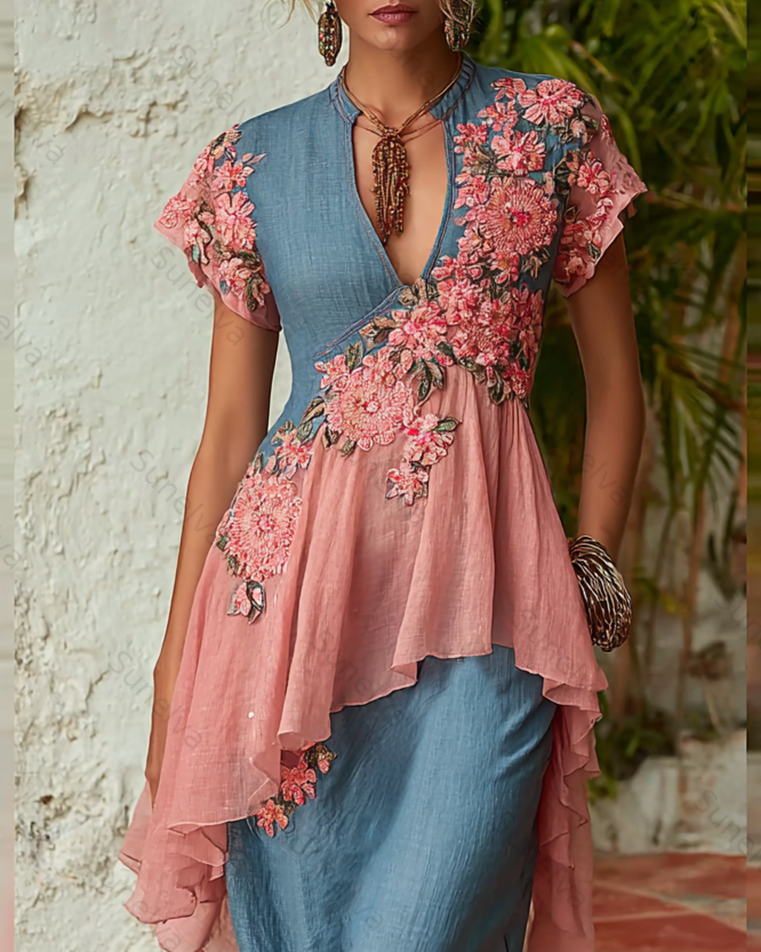 Women's Summer Contrast-Color Floral Embroidered Patchwork Linen Blouse 3309