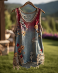 Spring/Summer Color Block Denim Cotton Linen Embroidered Top8581