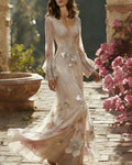 Women's Retro Bohemian Style Floral Embroidery Flowy Linen Maxi Dress  7315