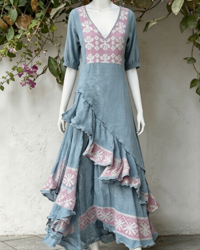 Women's Vacation Contrasting Color Irregular Ruffle Linen Dress 4563