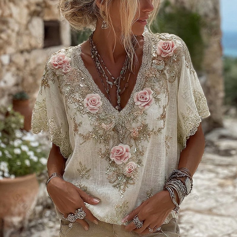 Women's Pink Roses Embroidered Art V-neck Short Sleeve Linen Blend T-shirt 4f5a
