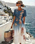 Women's Elegant Asymmetrical Ruffled Denim Patchwork Linen Floral Dress 5881