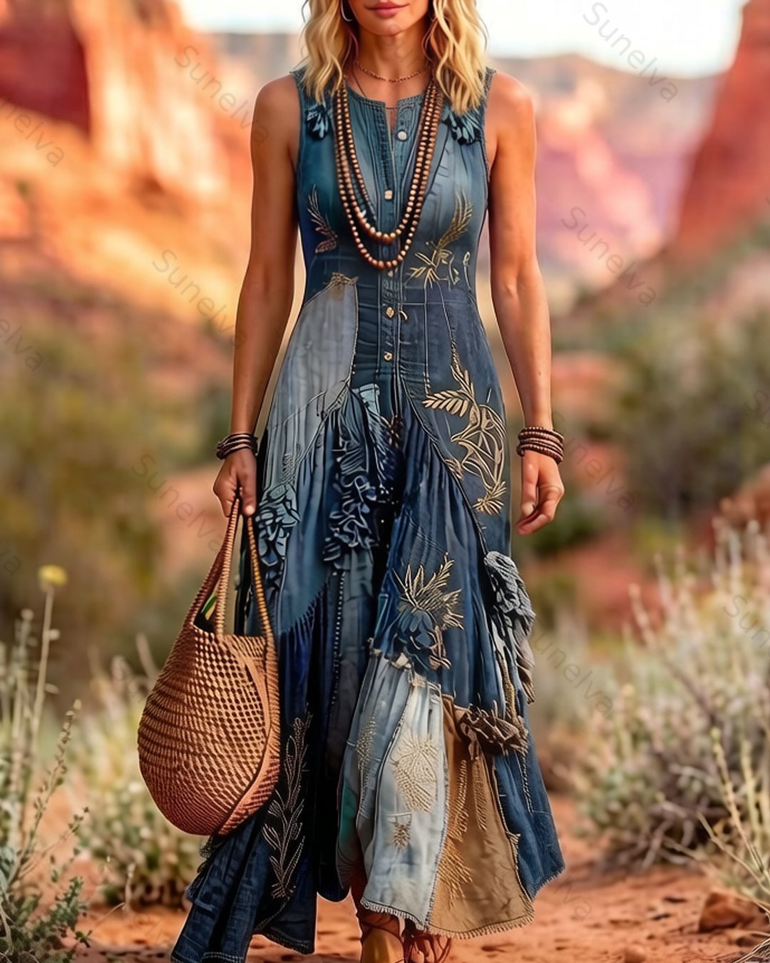Women's Summer Floral Embroidery Patchwork Linen Dress  9856