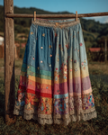 Spring/Summer Color Block Denim Cotton Linen Embroidered Midi Skirt5989