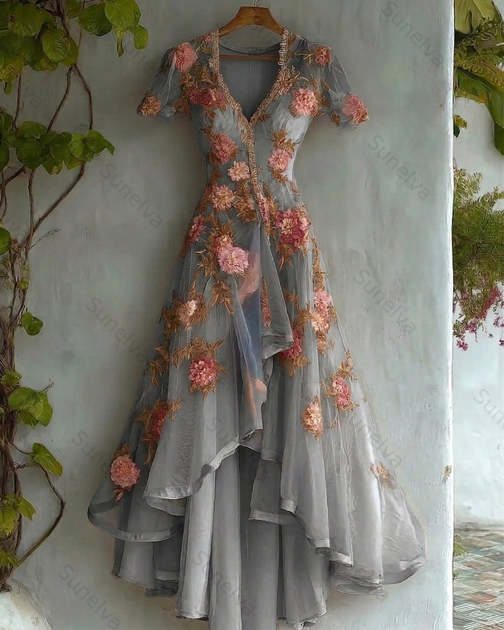 Women's Retro Elegant Gradient Flowers Irregular Ruffle Linen Dress