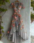 Women's Retro Elegant Gradient Flowers Irregular Ruffle Linen Dress