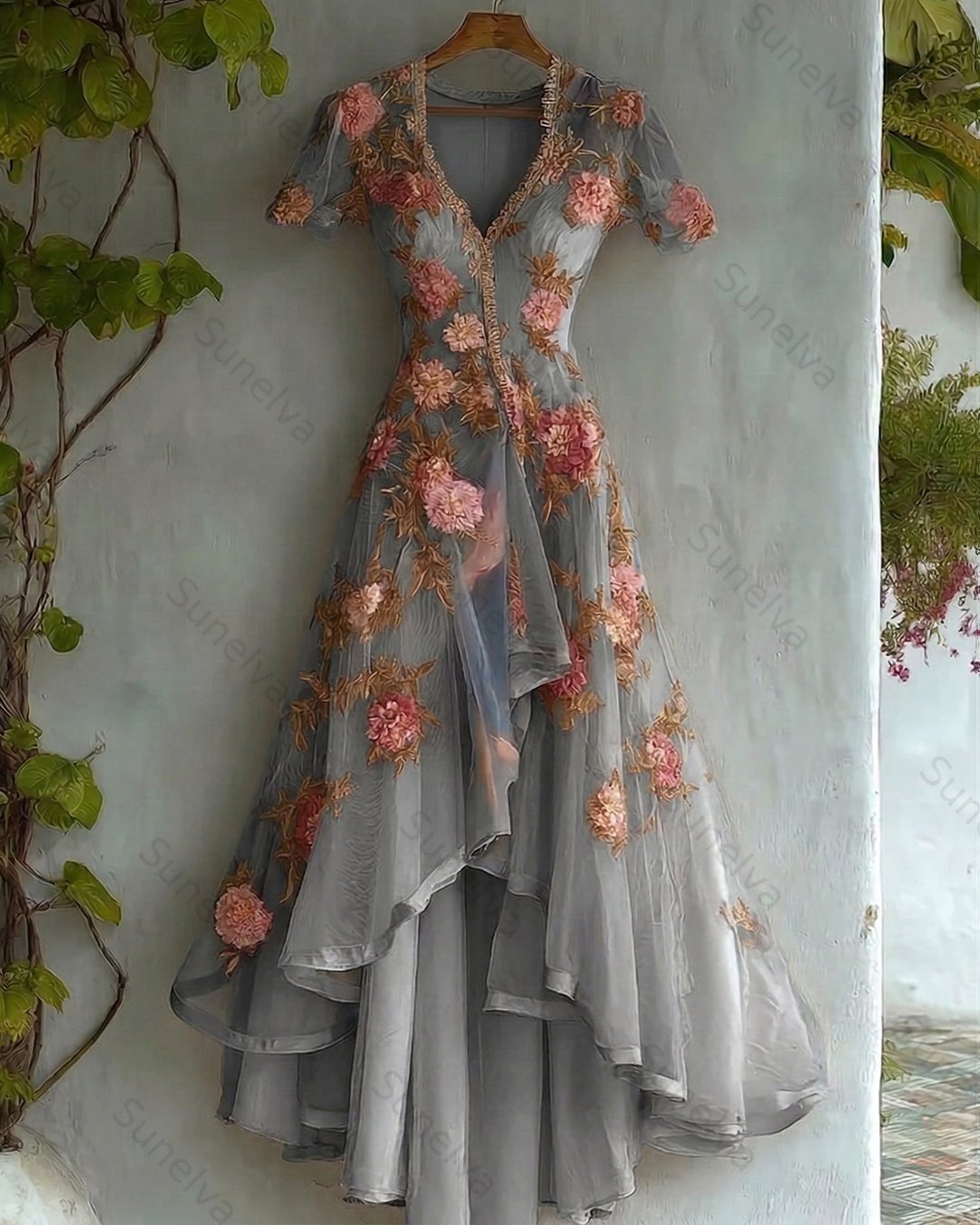 Women's Retro Elegant Gradient Flowers Irregular Ruffle Linen Dress