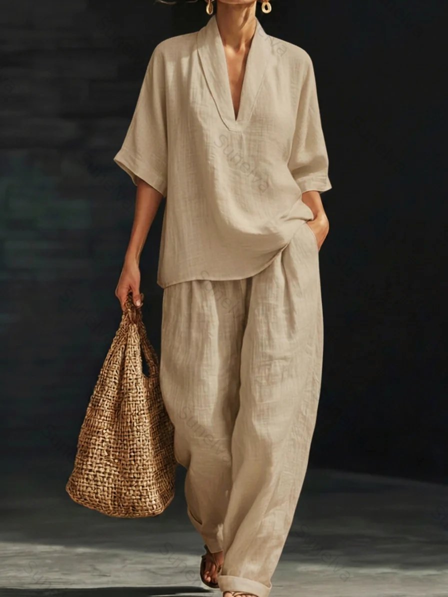 Casual And Cozy Minimalist Linen Two-piece Set 8539