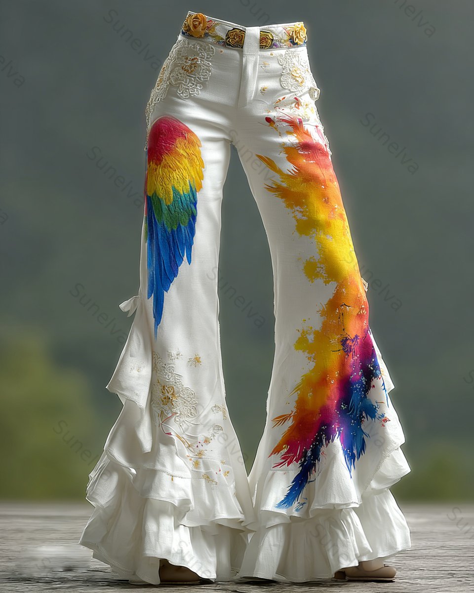 Women's Spring Outdoor Comfortable Fashion Parrot Embroidery Irregular Ruffle Patchwork Pants  5138