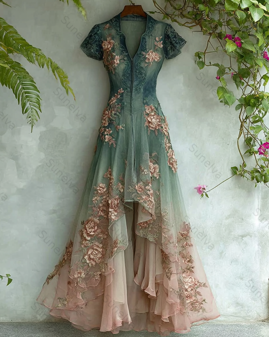 Women's Elegant Gradient Flowers Embroidery Irregular Ruffle Mesh Dress 9789