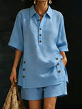 Women’s Linen Shirt & Shorts Two-Piece Set – Casual Cozy Loose-fitting Button-Up Summer Outfit 853d