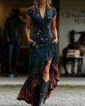 Women's Summer Elegant Star and Moon Embroidered Gradient Dress  1210