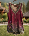 Spring/Summer Bohemian Style Color-Blocked Denim Linen Top2105