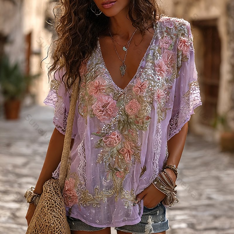 Women's Retro Boho Pink Floral Embroidered Art V-neck Short Sleeve T-shirt 53de