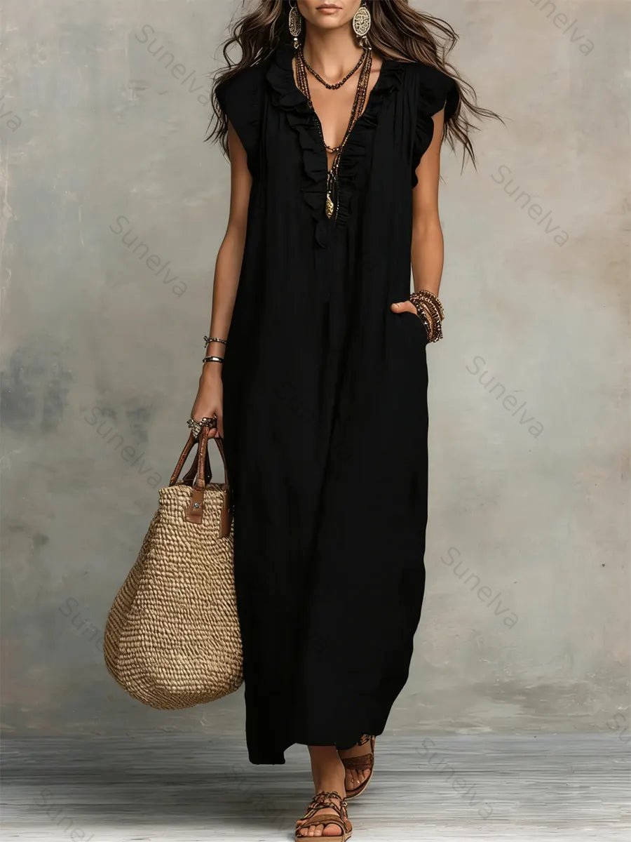 Women's Solid Color Ruffled Art Casual Fashion Cozy Cotton Linen Dress 5e35