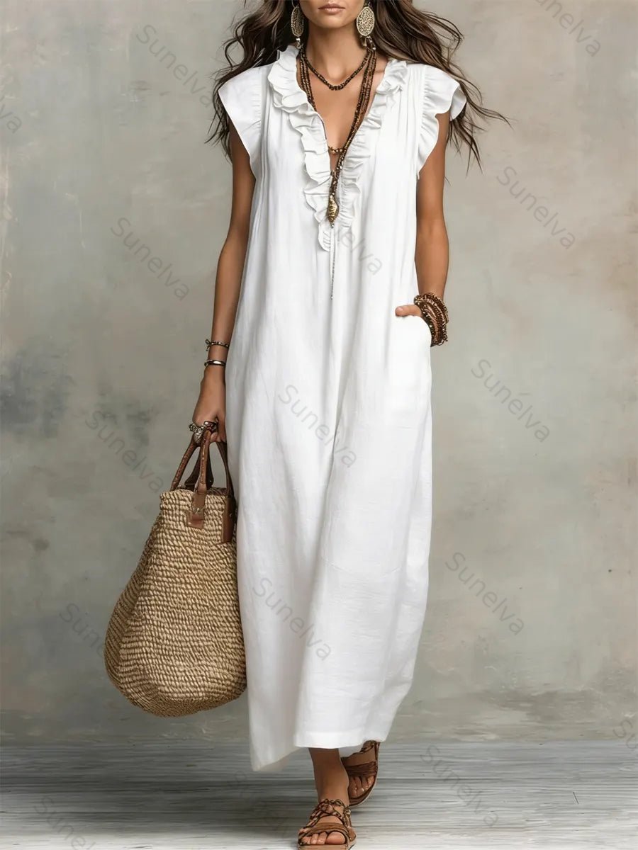 Women's Solid Color Ruffled Art Casual Fashion Cozy Cotton Linen Dress 5e35