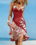 Women's Vacation Irregular Ruffle Flowers Embroidery Dress 8406