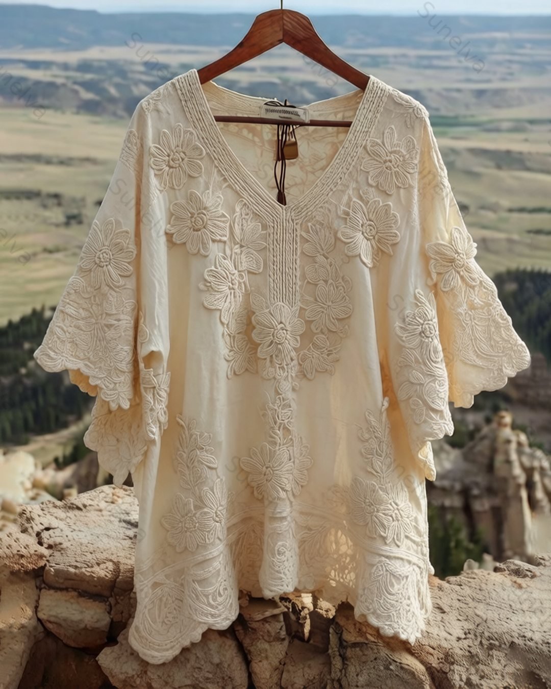 Women's Summer Floral Embroidered Color-Blocked Short-Sleeve Top 1110
