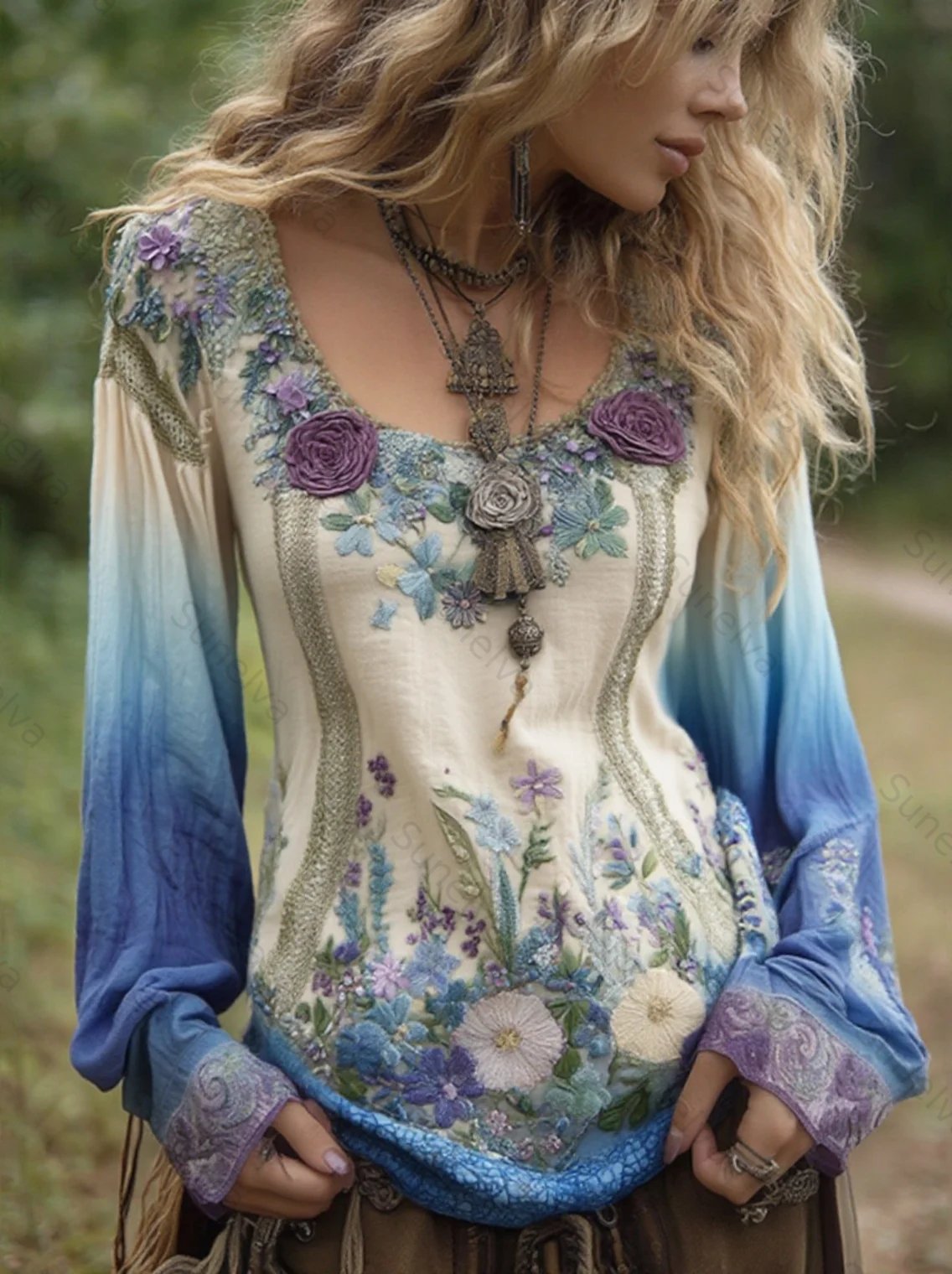 Classy Gradient Purple Lavender And Floral Embroidered Linen Long Sleeve Shirt 6047
