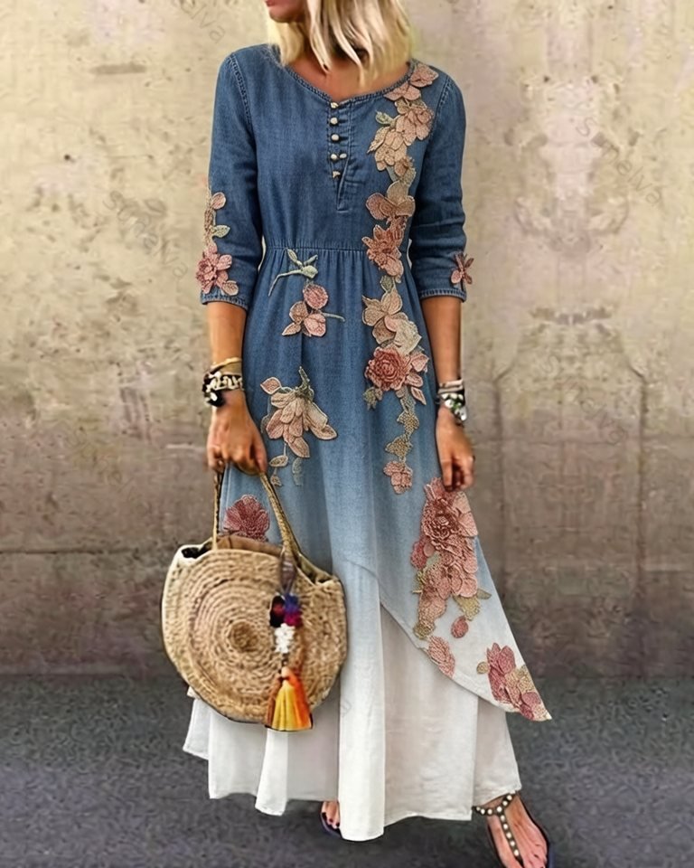 Women's Elegant Asymmetrical Ruffled Denim Patchwork Linen Floral Dress 1406