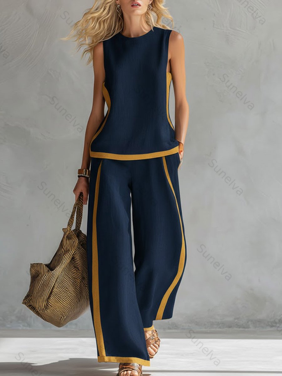 Women's Round Neck Sleeveless Casual Loose Top And High-waisted Loose Wide-leg Pants Cotton And Linen Set. 1c6a