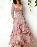 Women's Vacation Irregular Ruffle Flowers Embroidery Dress 3849