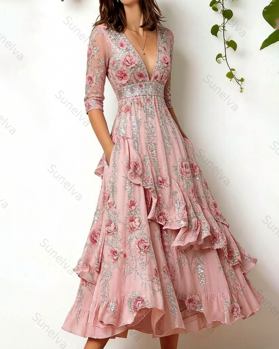 Women's Vacation Irregular Ruffle Flowers Embroidery Dress 3849