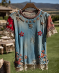 Spring/Summer Bohemian Style Color-Blocked Denim Linen Top2459