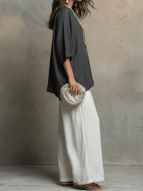 Cozy Cotton-linen Irregular Top And Wide-leg Pants Two-piece Set 95ff