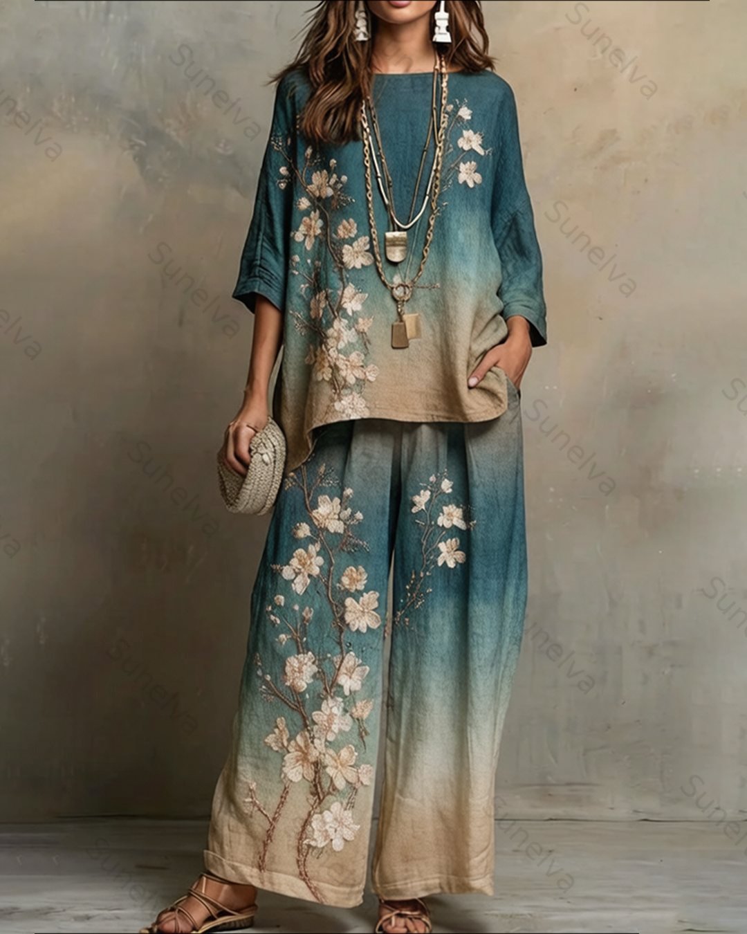 Women's Summer Resort Floral Embroidery Tie-Dye Gradient Linen Short-Sleeve Top & Pants Two-Piece Set  5170