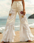 Summer vacation handmade floral embroidered denim patchwork linen pants 4074